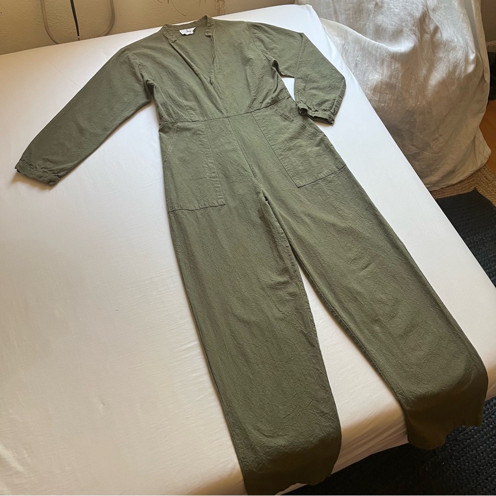 LOUP olive army sage green zip up long sleeve wide straight leg cropped jumpsuit